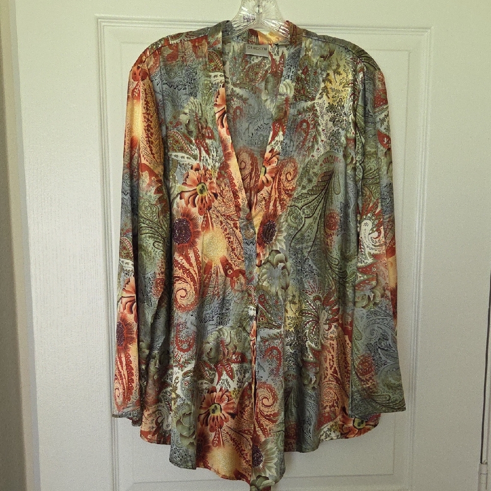Chico's Orange and Green Blouse Vibrant Artistic Design